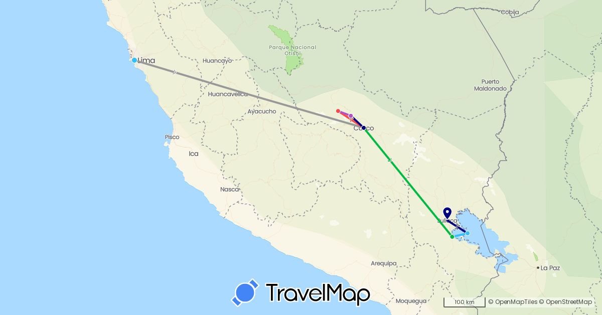 TravelMap itinerary: driving, bus, plane, train, hiking, boat in Peru (South America)